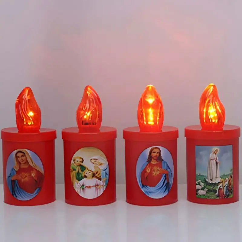Votive LED candles in red with devotional images for memorial and prayer displays