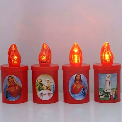 Votive LED candles in red with devotional images for memorial and prayer displays