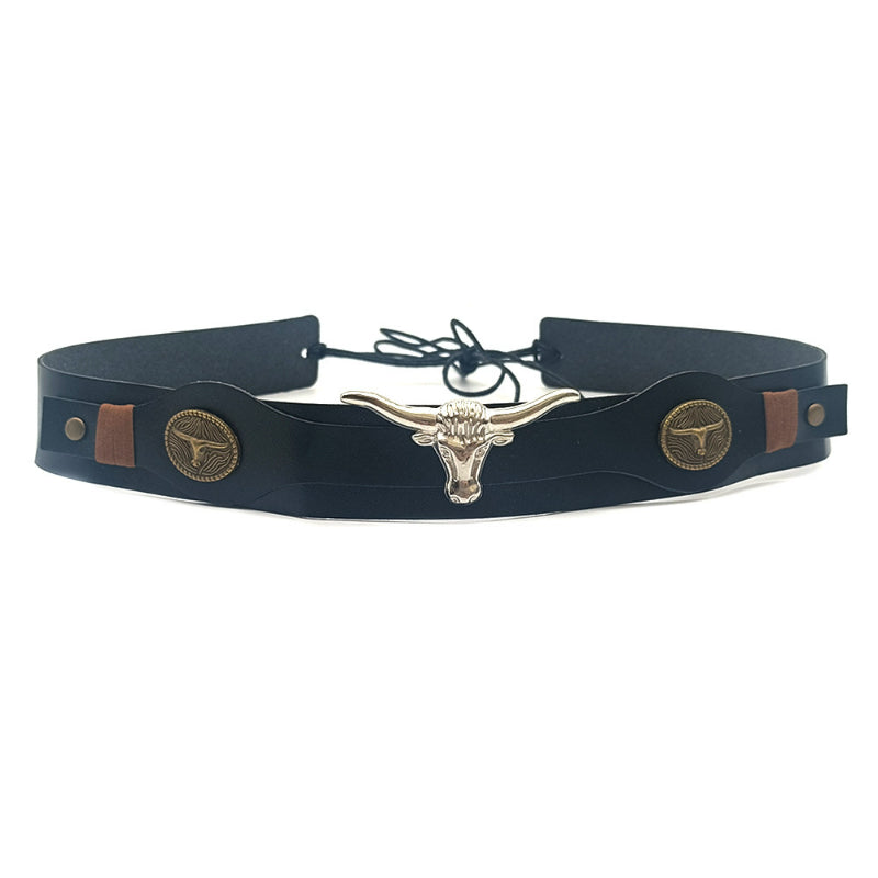 Leather cowboy hat band with longhorn and round conchos