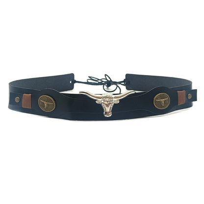 Leather cowboy hat band with longhorn and round conchos