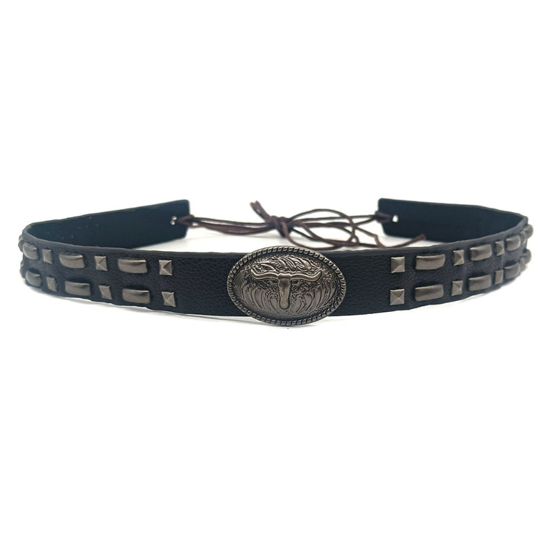 Leather cowboy hat band with oval concho