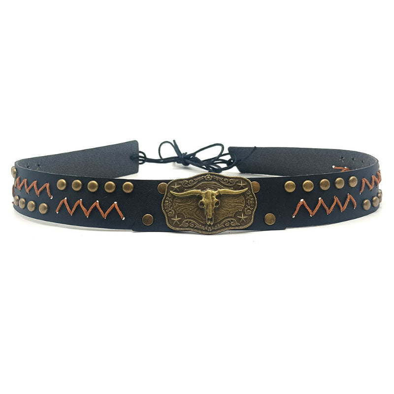 Zigzag stitched leather cowboy hat band with longhorn oval concho
