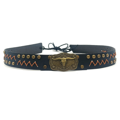 Zigzag stitched leather cowboy hat band with longhorn oval concho