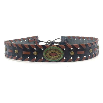 Braided brown leather cowboy hat band with oval concho