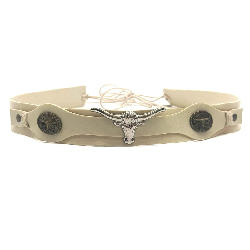 Cream leather cowboy hat band with longhorn concho