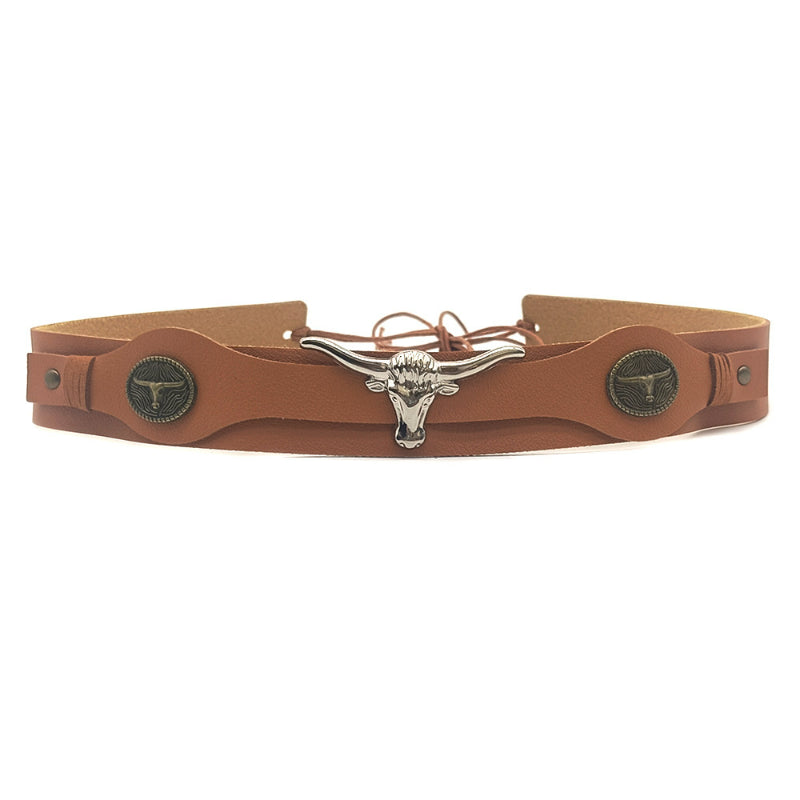Tan leather cowboy hat band with longhorn and round conchos