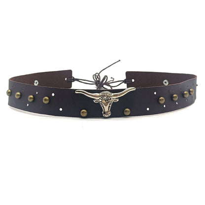 Brown leather cowboy hat band with longhorn concho and studs