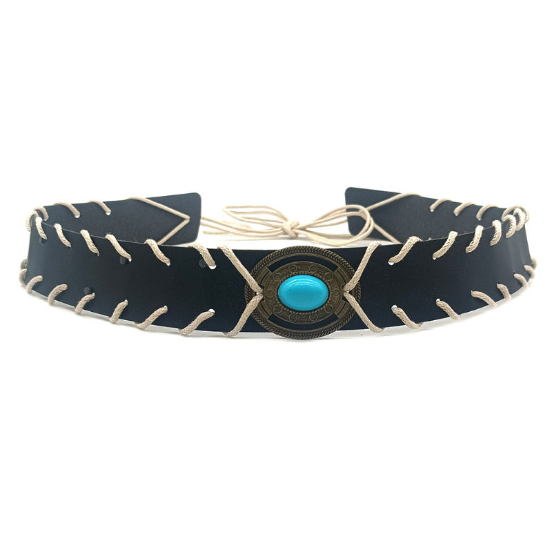 Whipstitched leather cowboy hat band with turquoise star concho