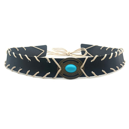 Whipstitched leather cowboy hat band with turquoise star concho