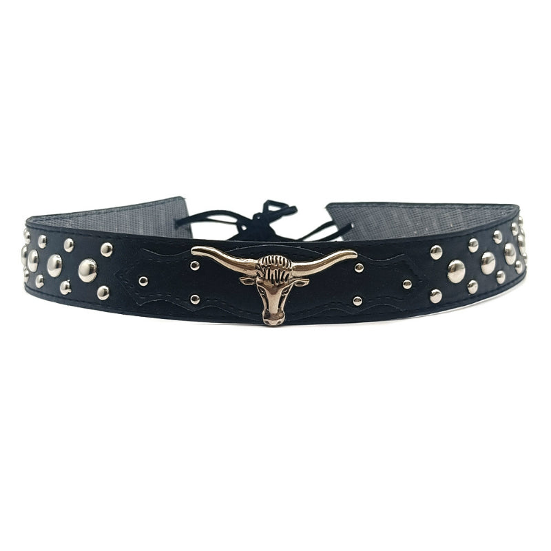 Studded leather cowboy hat band with longhorn concho