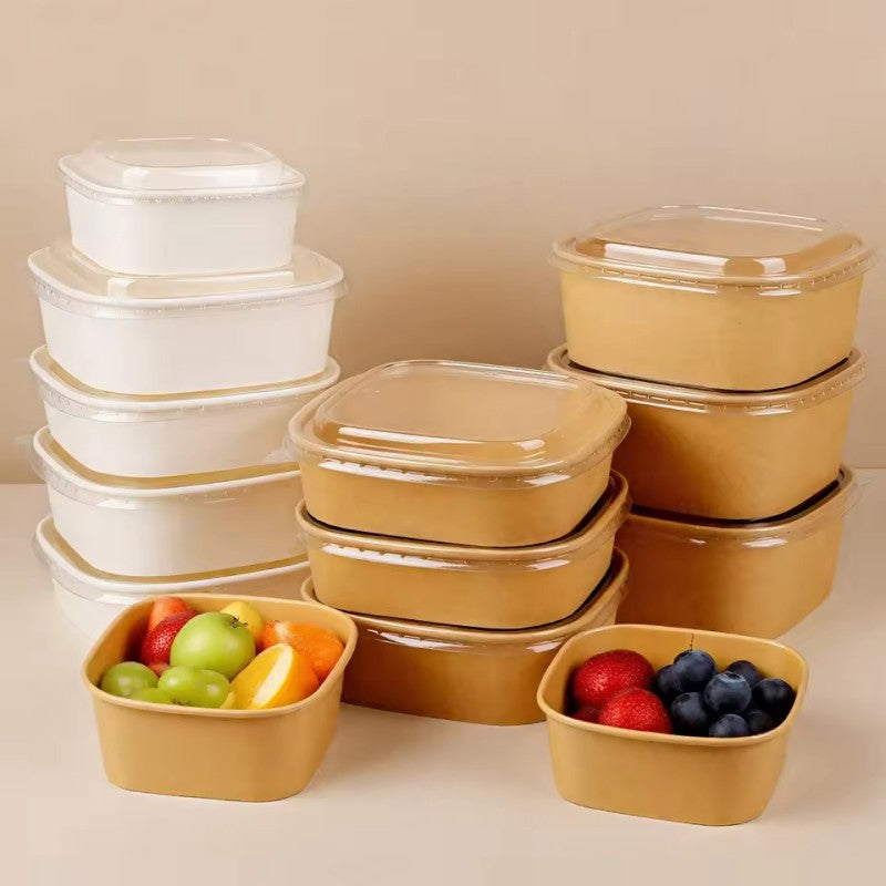 Square Kraft Paper Food Bowls - Leak-Resistant Disposable Containers for Takeout