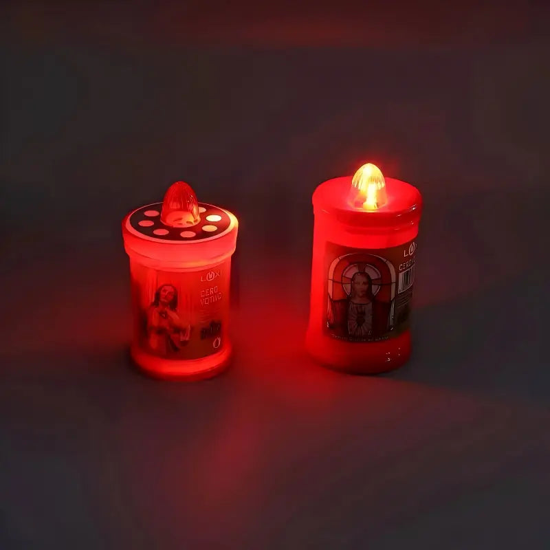 Red votive LED candles with glowing lights for prayer and remembrance displays