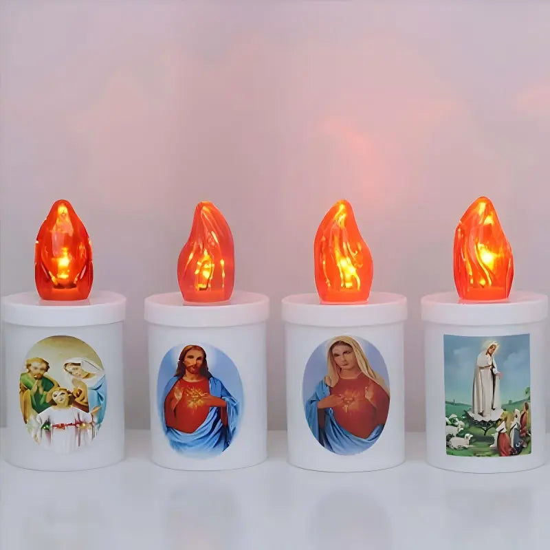 Votive LED candles with devotional images and LED flame lights for religious displays