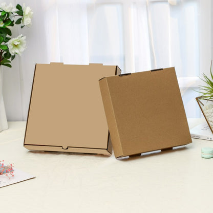 Pizza boxes with plain kraft exterior, shown flat and open