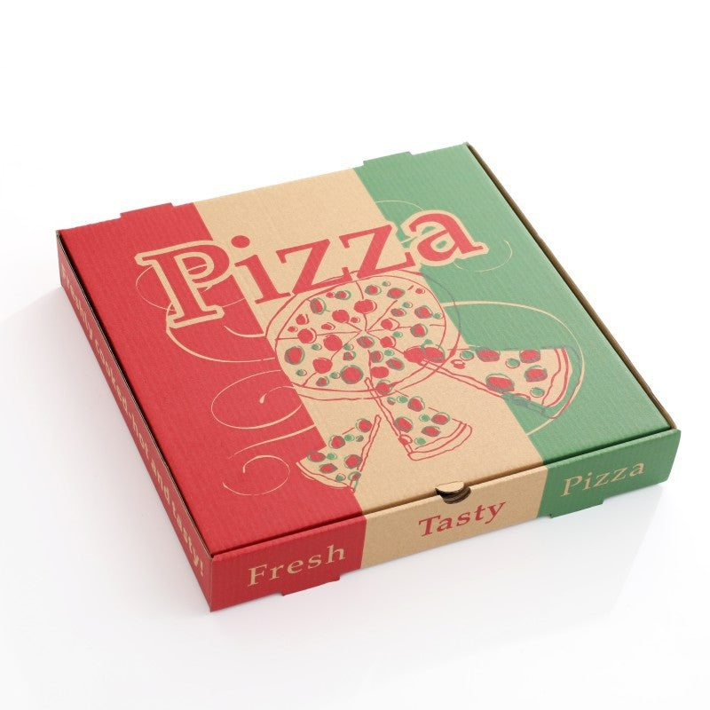 Printed pizza box with red and green lid design