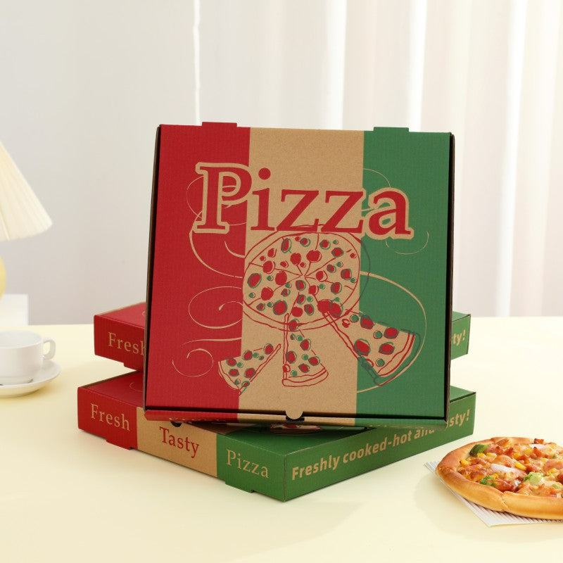 Printed pizza boxes displayed upright with closed lids